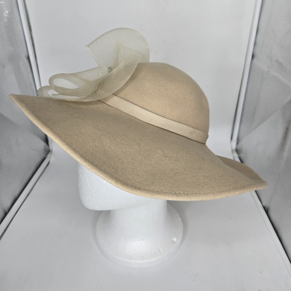 Vtg Bollman 100% Wool Doeskin Felt Wide Brim Hat Tan Neutral Tulle Sequins Glam - Picture 3 of 9